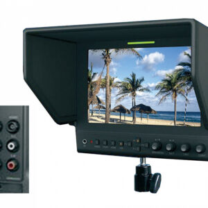 FM-07 WSM-V Портативный LCD монитор. Тип матрицы IPS7", разрешение 1280х800, яркость - 400 кд/м2, контрастность 800:1, углы обзора 178° /178°. Видеовходы: SDI, HDMI, YPbPr, CVBS ;  Аудиовходы: 2 х (RCA),  встроеный динамик. Tally индикатор. Питание от аккумуляторов  серии Logocam UPL. Металлический корпус. Солнцезащитная бленда, шаровое крепление, HDMI-mini HDMI кабель. Настольная подставка, кейс для трнаспортировки.