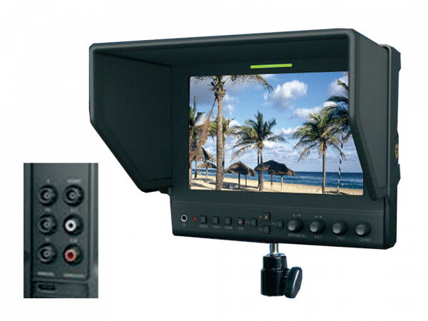 FM-07 WSM-V Портативный LCD монитор. Тип матрицы IPS7", разрешение 1280х800, яркость - 400 кд/м2, контрастность 800:1, углы обзора 178° /178°. Видеовходы: SDI, HDMI, YPbPr, CVBS ;  Аудиовходы: 2 х (RCA),  встроеный динамик. Tally индикатор. Питание от аккумуляторов  серии Logocam UPL. Металлический корпус. Солнцезащитная бленда, шаровое крепление, HDMI-mini HDMI кабель. Настольная подставка, кейс для трнаспортировки.