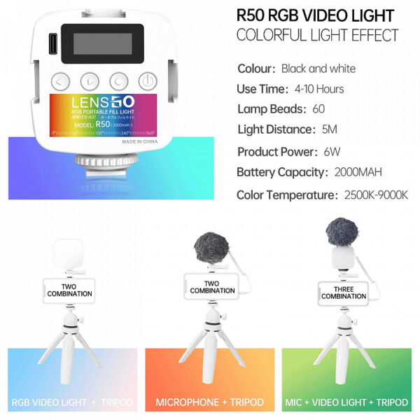 LENSGO R50+L322+DMM1W Комплект. RGB портативный светильник, штатив, микрофон DMM1W