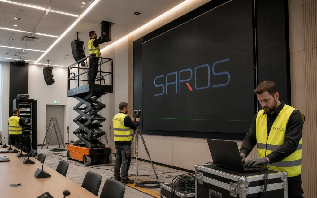 Конференц системы Инженеры SAROS монтируют LED-экран в конференц-зале